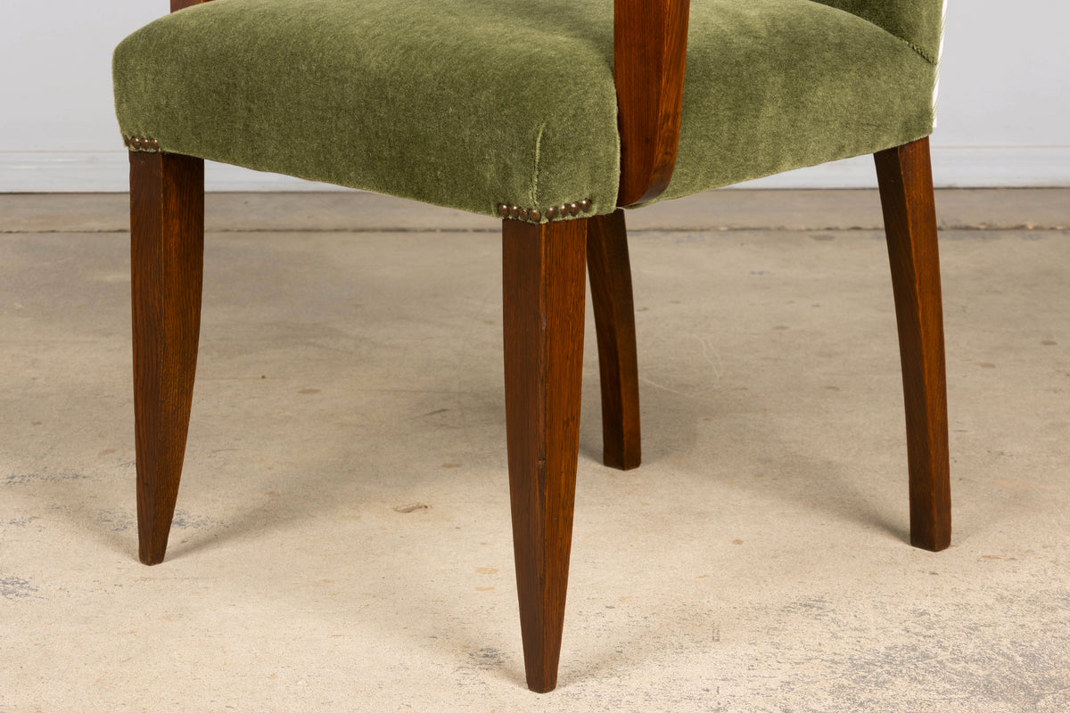 Pair of French Art Deco Oak Armchairs in Olive Green Mohair, 1930s