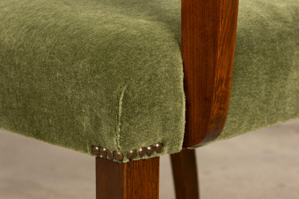 Pair of French Art Deco Oak Armchairs in Olive Green Mohair, 1930s