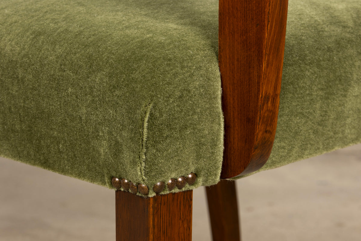 Pair of French Art Deco Oak Armchairs in Olive Green Mohair, 1930s