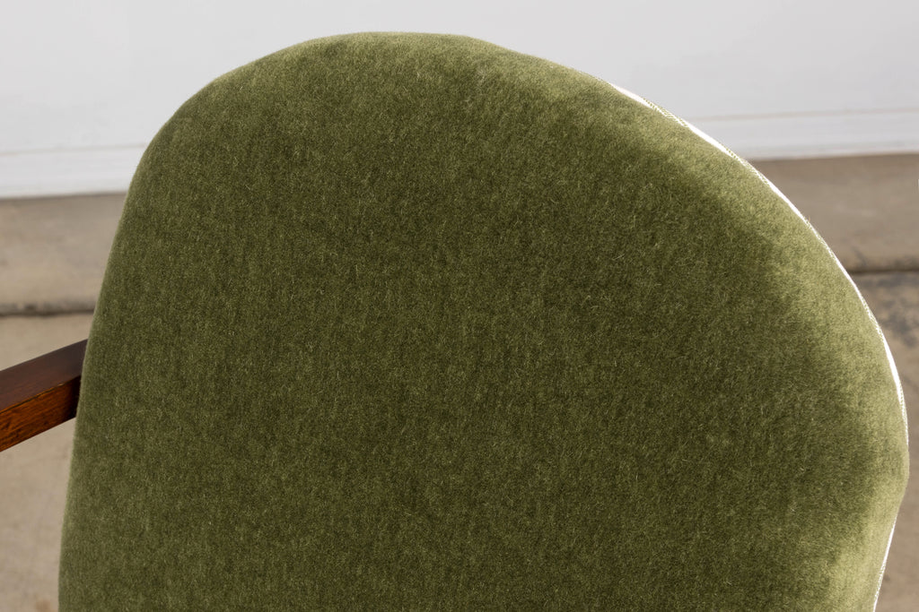 Pair of French Art Deco Oak Armchairs in Olive Green Mohair, 1930s