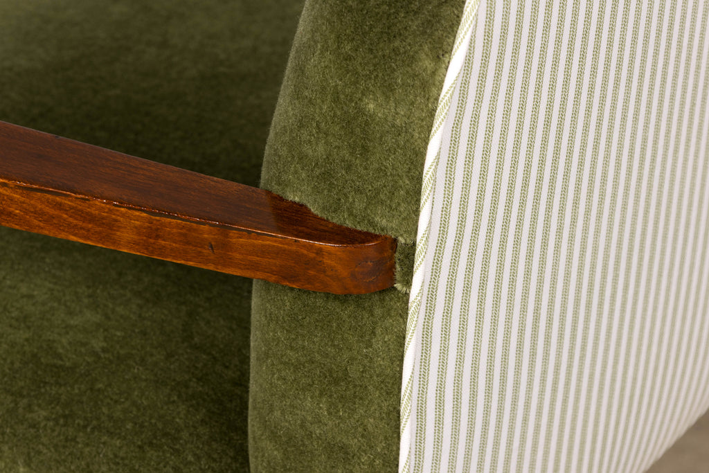 Pair of French Art Deco Oak Armchairs in Olive Green Mohair, 1930s