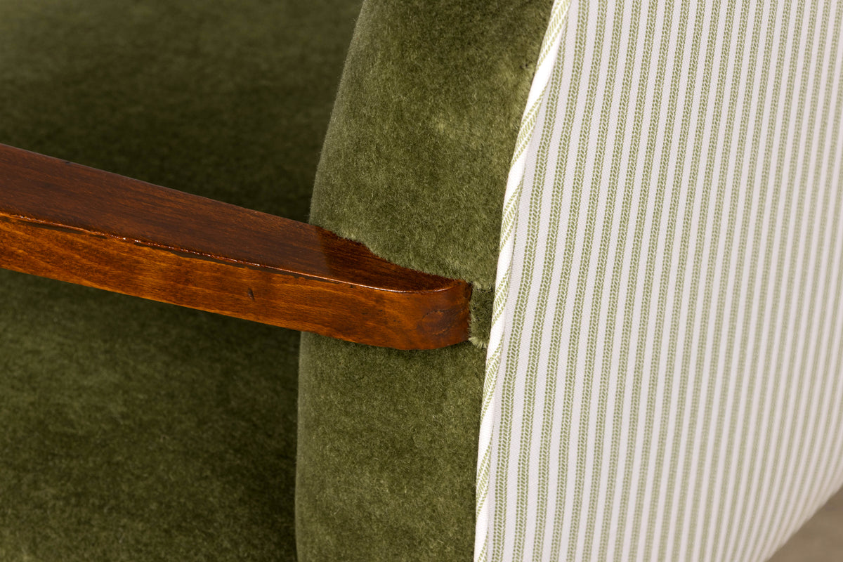 Pair of French Art Deco Oak Armchairs in Olive Green Mohair, 1930s