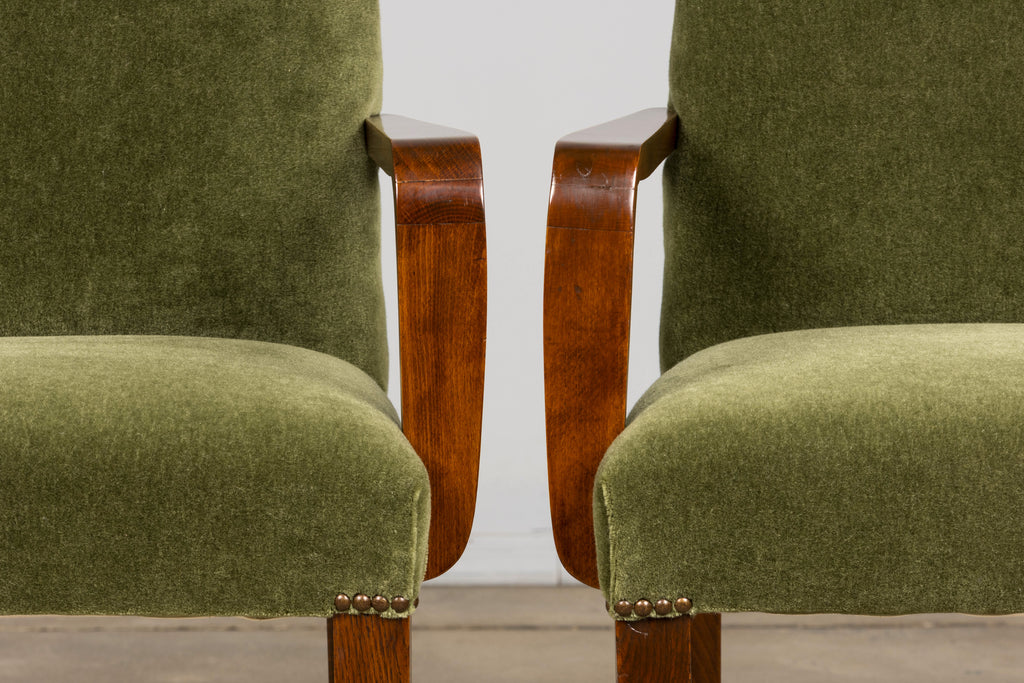 Pair of French Art Deco Oak Armchairs in Olive Green Mohair, 1930s