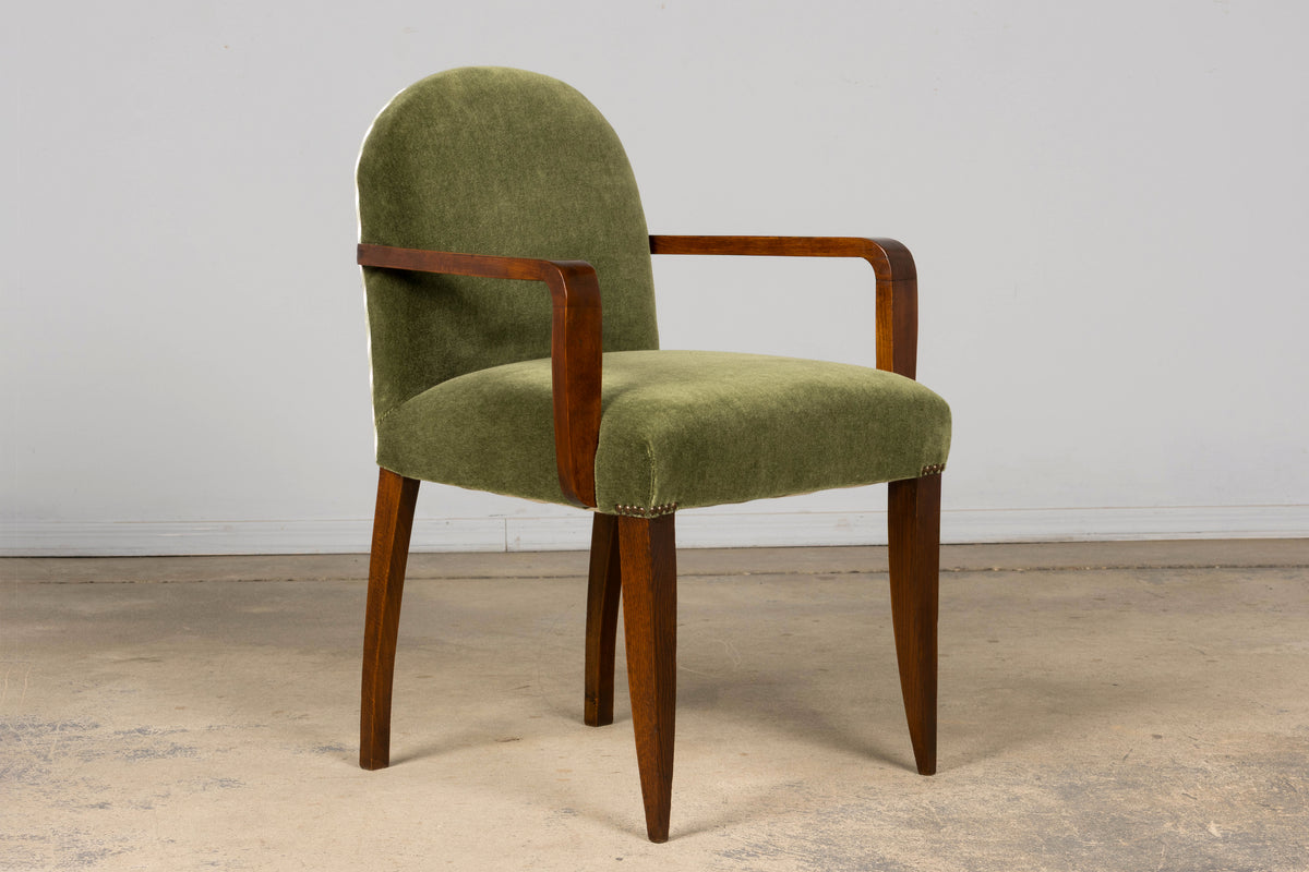 Pair of French Art Deco Oak Armchairs in Olive Green Mohair, 1930s