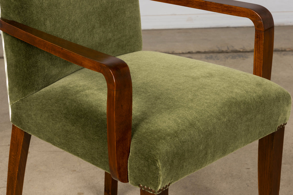 Pair of French Art Deco Oak Armchairs in Olive Green Mohair, 1930s