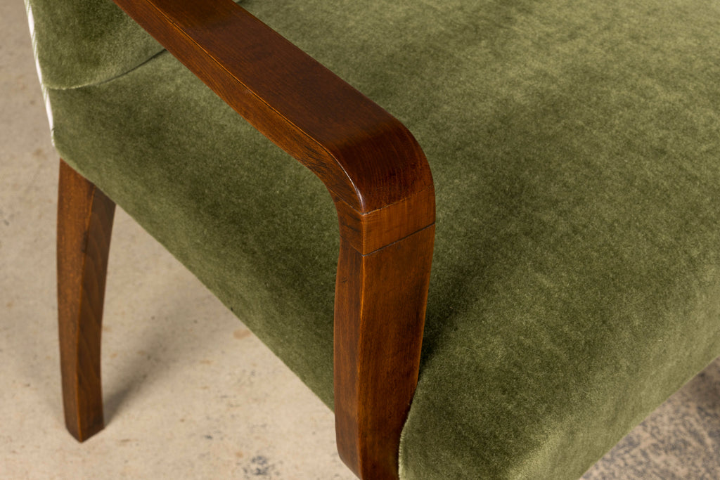 Pair of French Art Deco Oak Armchairs in Olive Green Mohair, 1930s