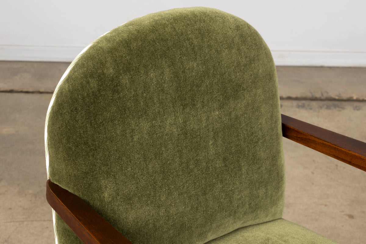 Pair of French Art Deco Oak Armchairs in Olive Green Mohair, 1930s