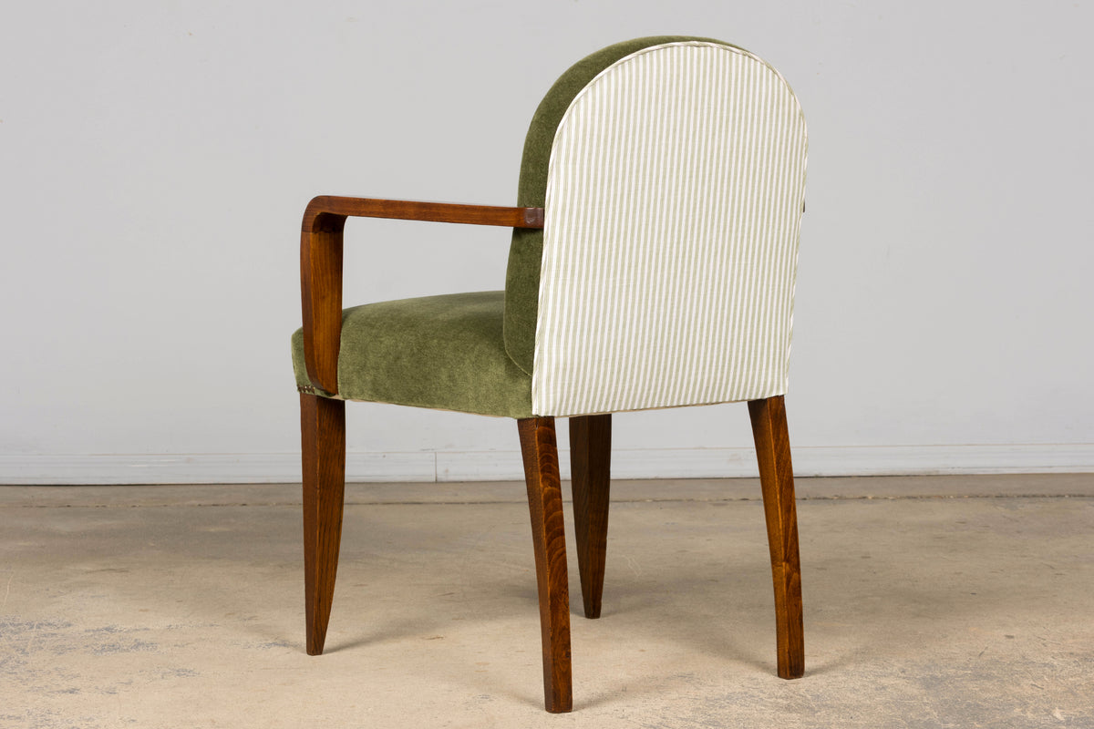 Pair of French Art Deco Oak Armchairs in Olive Green Mohair, 1930s
