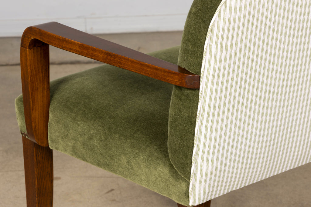 Pair of French Art Deco Oak Armchairs in Olive Green Mohair, 1930s