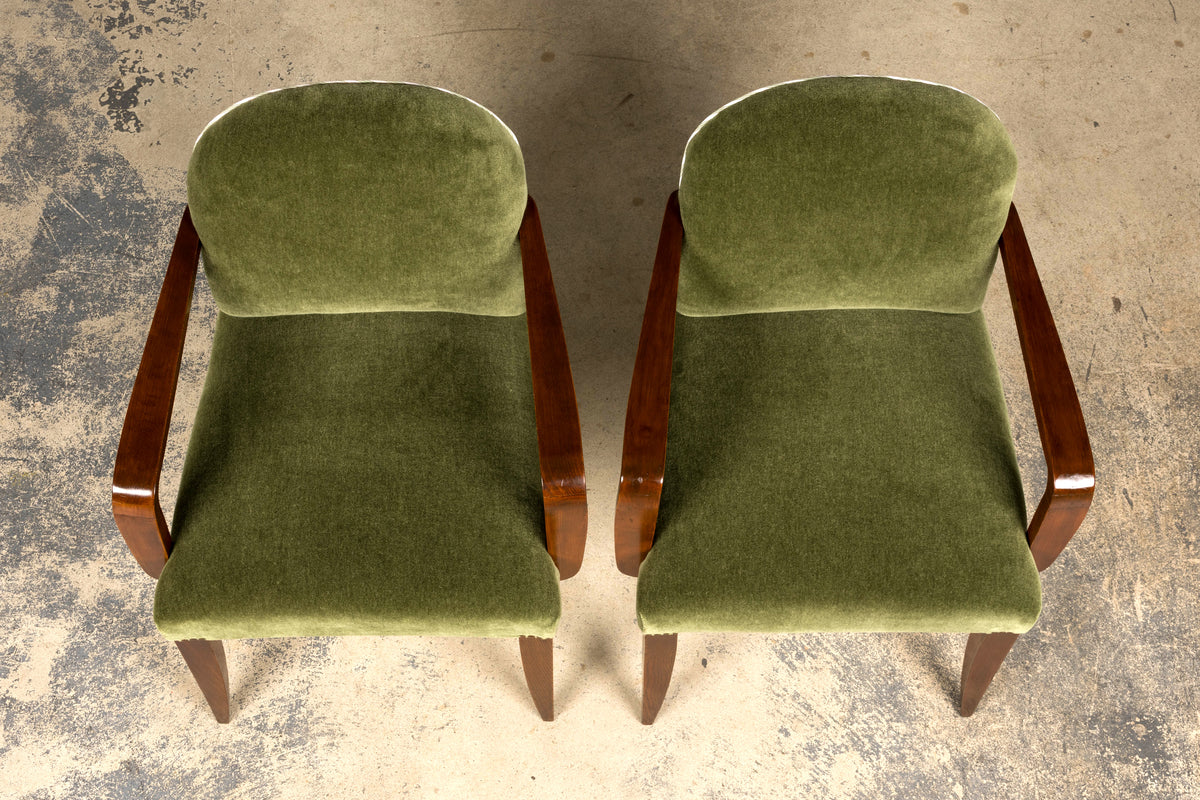 Pair of French Art Deco Oak Armchairs in Olive Green Mohair, 1930s
