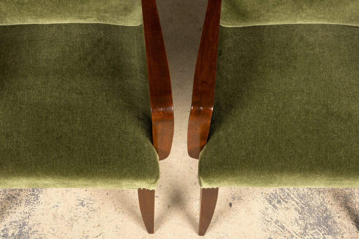 Pair of French Art Deco Oak Armchairs in Olive Green Mohair, 1930s