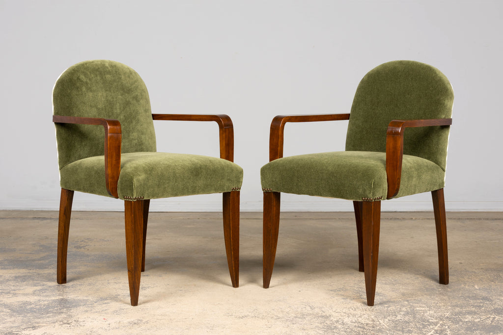Pair of French Art Deco Oak Armchairs in Olive Green Mohair, 1930s