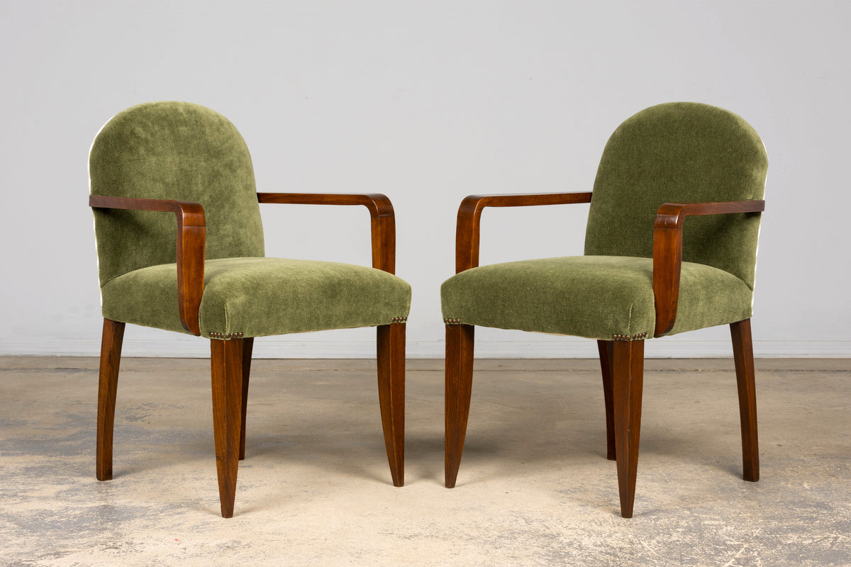 Pair of French Art Deco Oak Armchairs in Olive Green Mohair, 1930s
