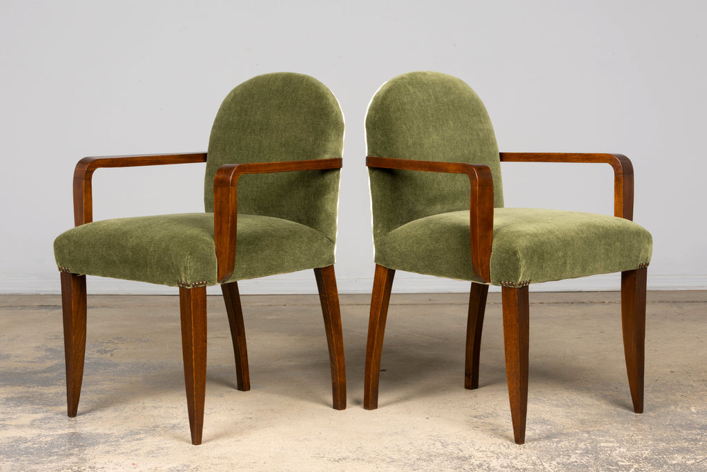 Pair of French Art Deco Oak Armchairs in Olive Green Mohair, 1930s