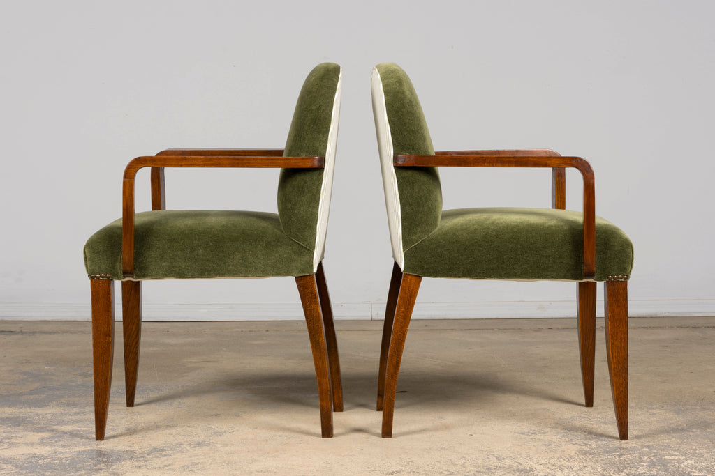 Pair of French Art Deco Oak Armchairs in Olive Green Mohair, 1930s