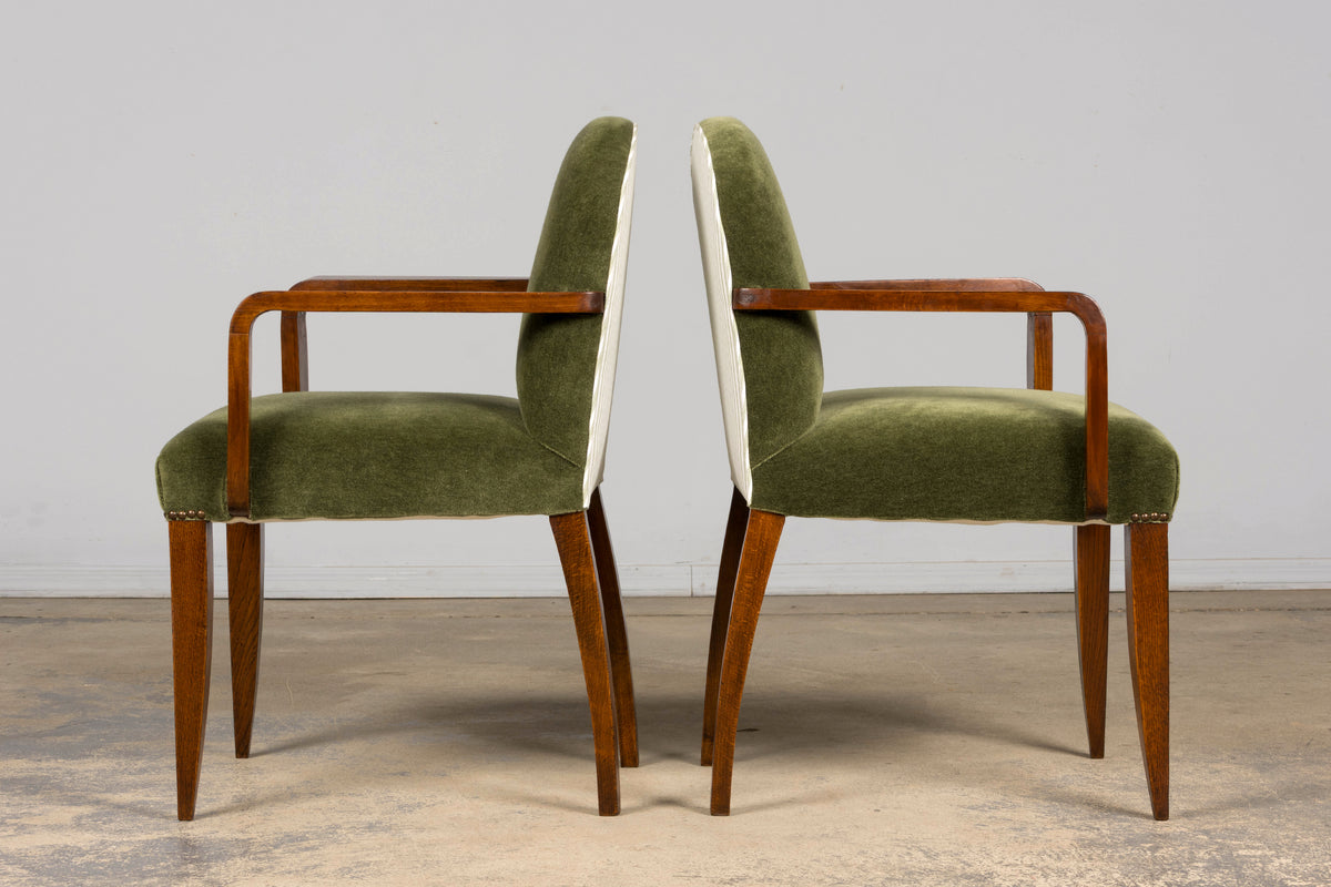 Pair of French Art Deco Oak Armchairs in Olive Green Mohair, 1930s