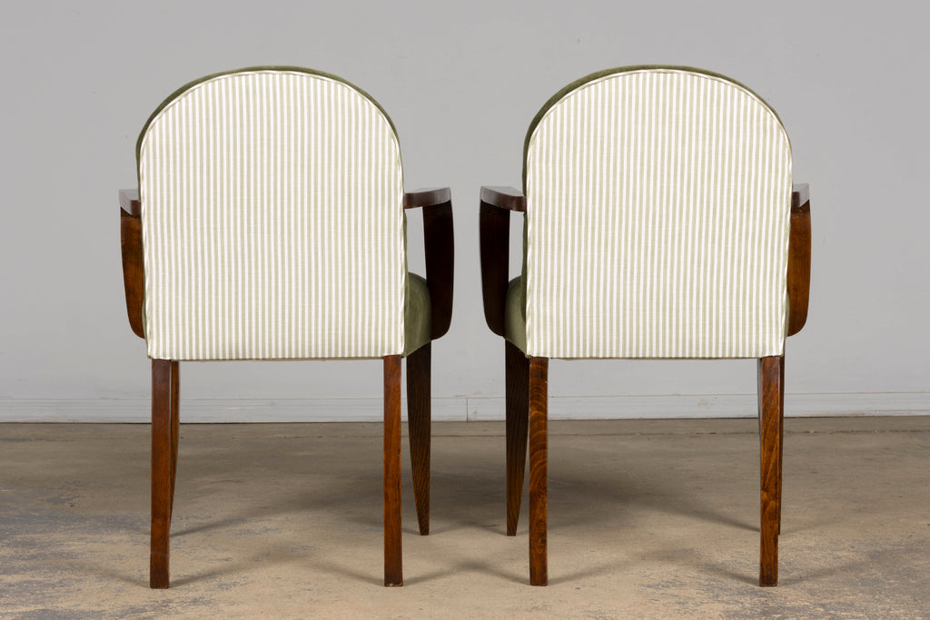 Pair of French Art Deco Oak Armchairs in Olive Green Mohair, 1930s
