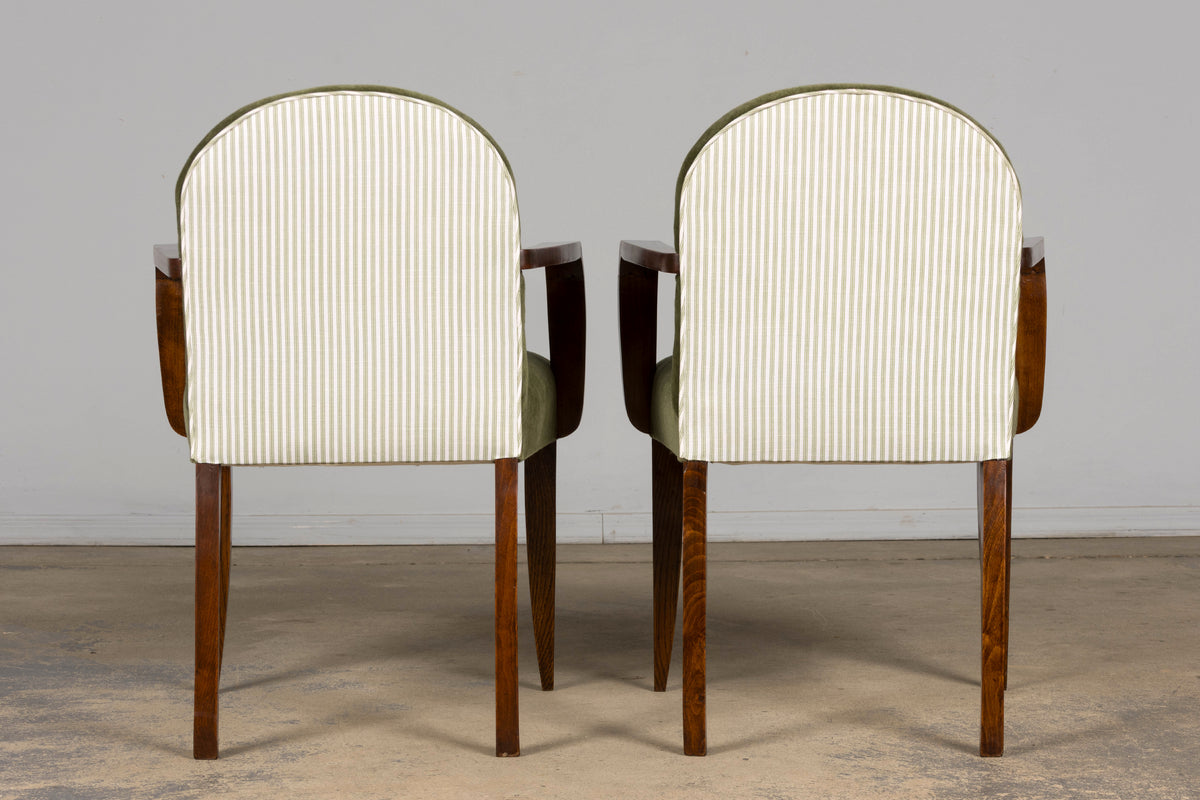 Pair of French Art Deco Oak Armchairs in Olive Green Mohair, 1930s