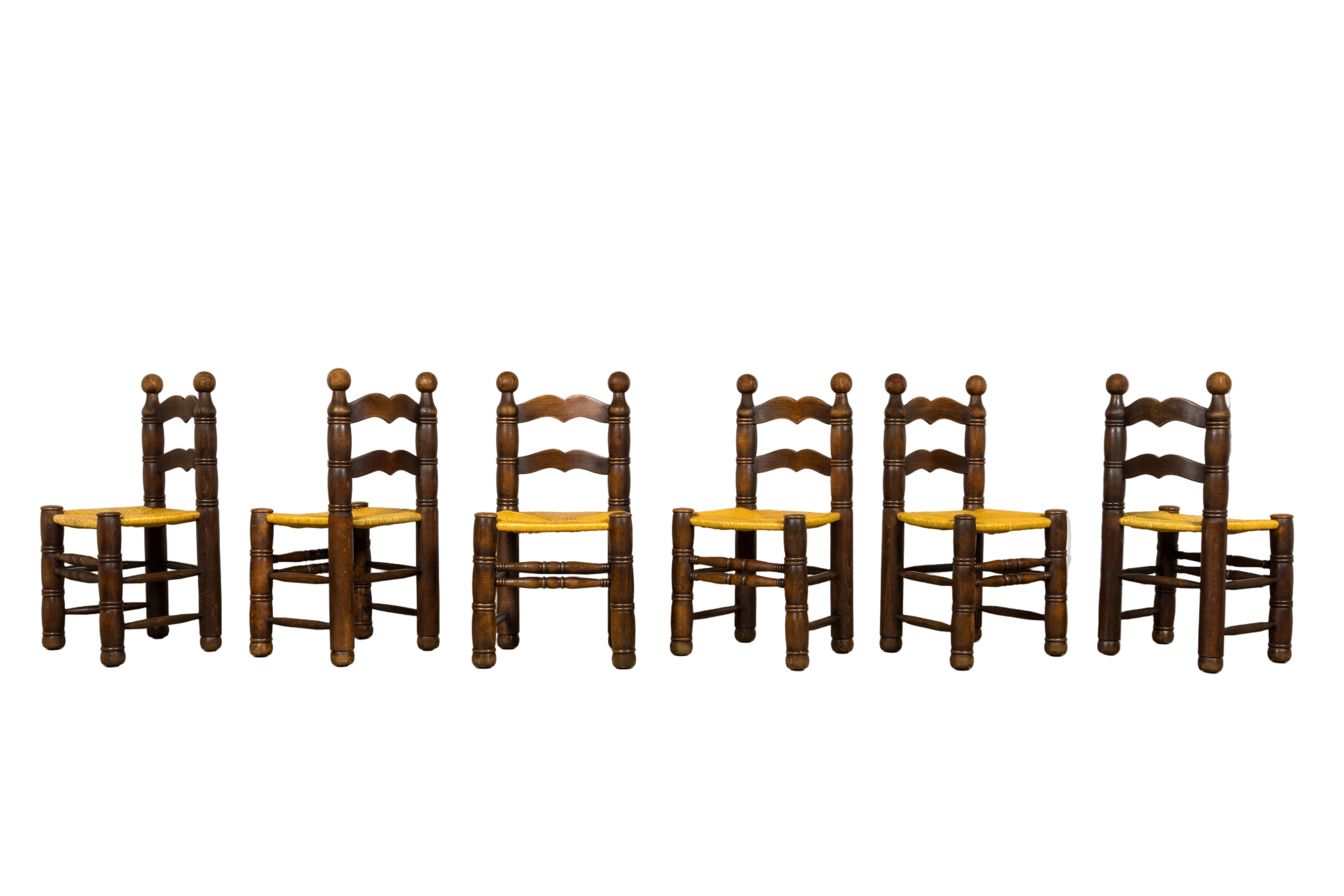 Set of 6 French Modernist Oak and Rush Dining Chairs
