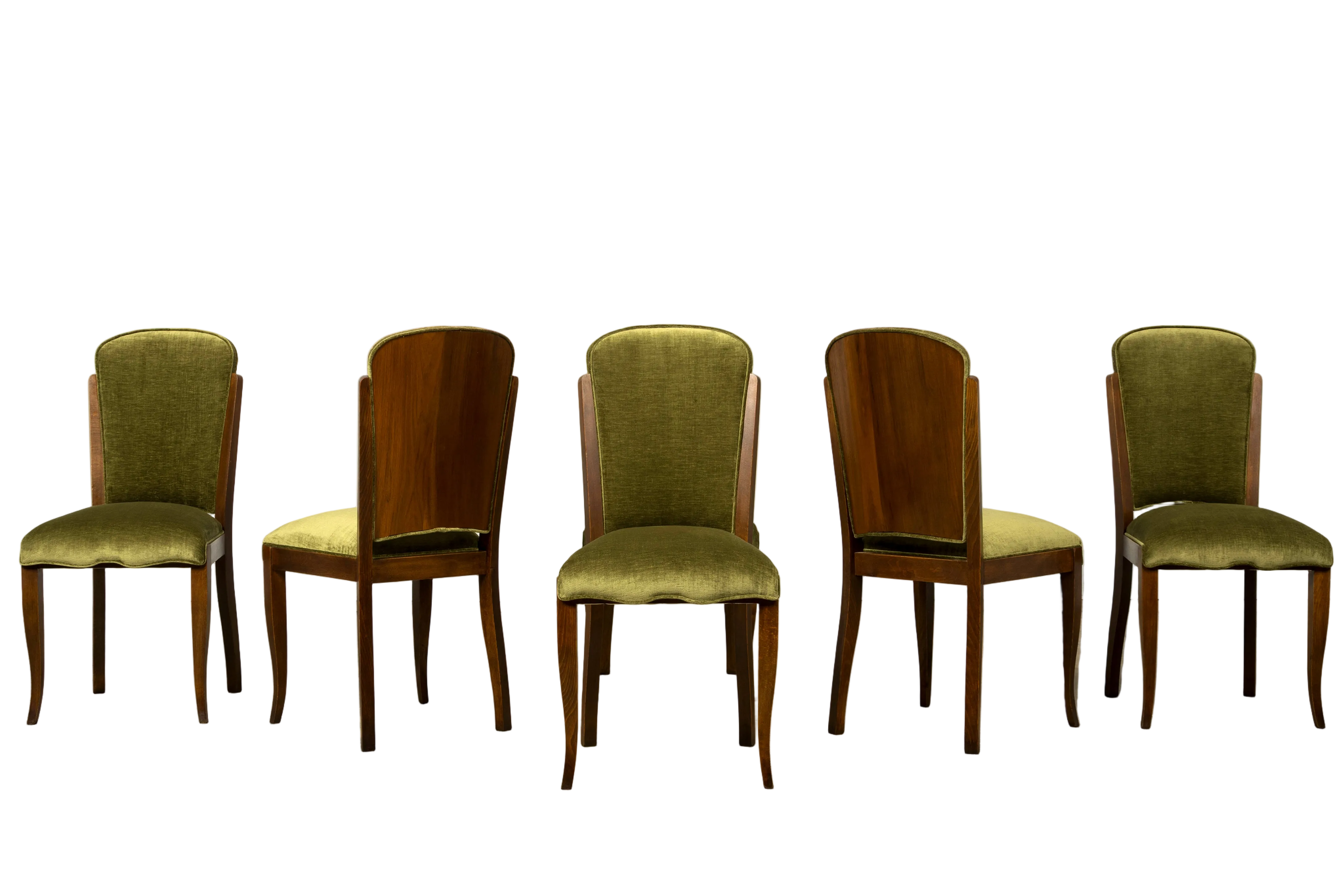 Set of Six 1930s French Art Deco Maple Dining Chairs in Olive Green Velvet