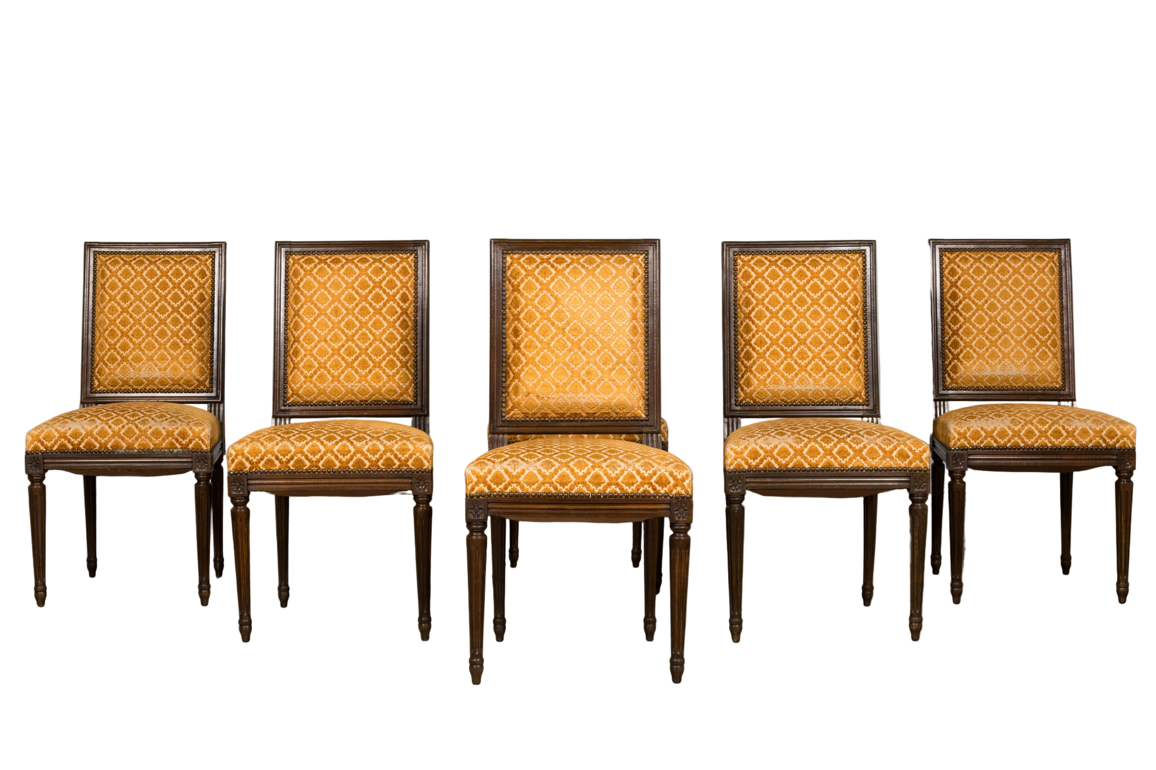 Set of Six Early 20th Century French Louis XVI Walnut Dining Chairs