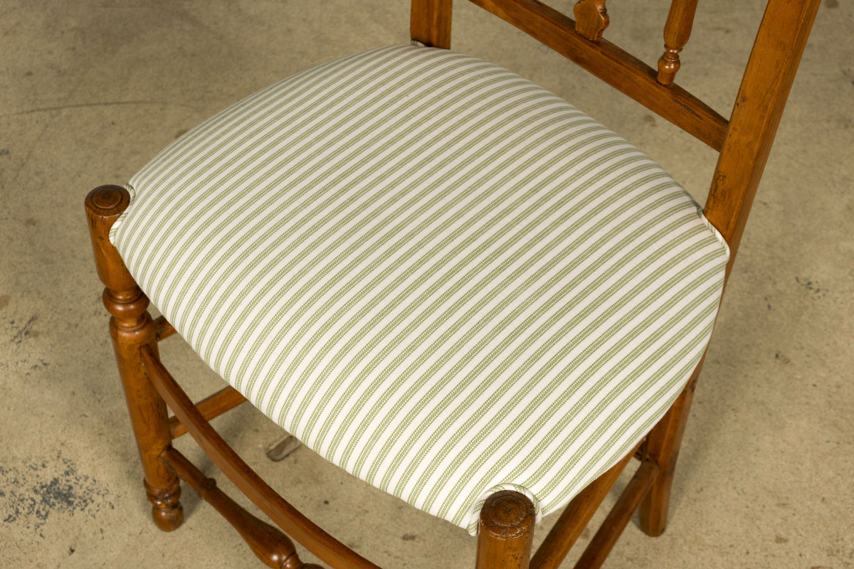 Set of 10 Late 19th Century French Provincial Walnut Dining Chairs in Green Ticking Stripe
