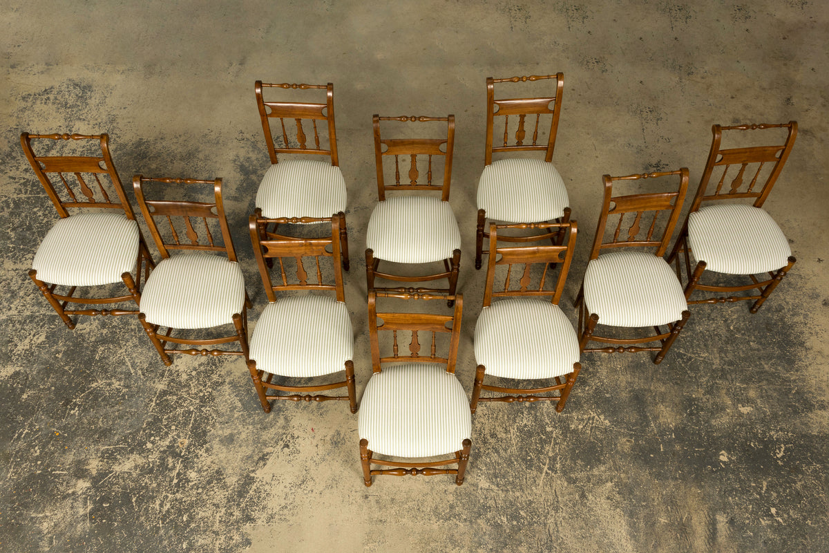 Set of 10 Late 19th Century French Provincial Walnut Dining Chairs in Green Ticking Stripe