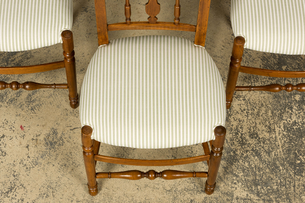 Set of 10 Late 19th Century French Provincial Walnut Dining Chairs in Green Ticking Stripe