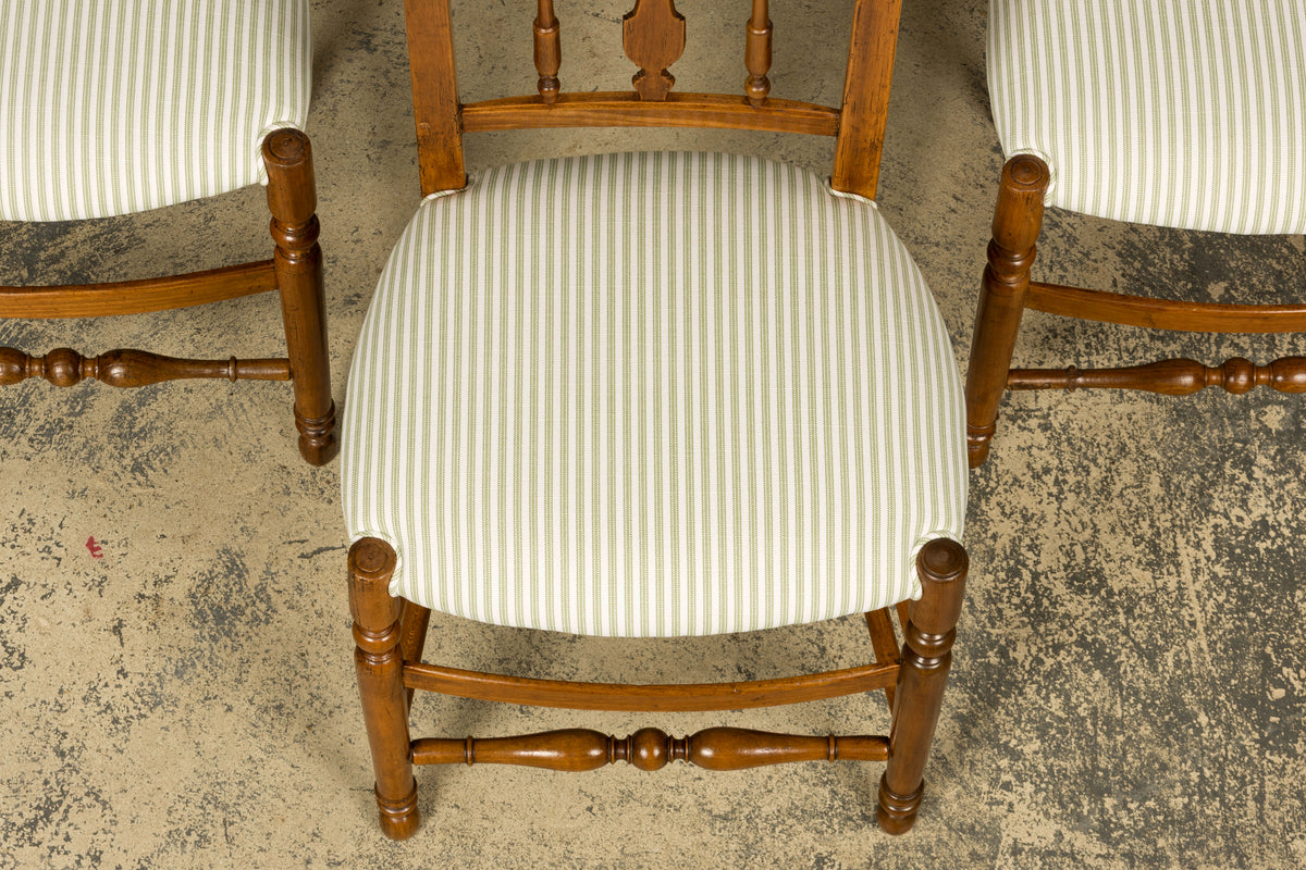 Set of 10 Late 19th Century French Provincial Walnut Dining Chairs in Green Ticking Stripe