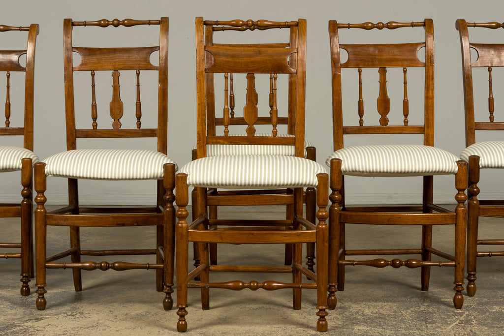 Set of 10 Late 19th Century French Provincial Walnut Dining Chairs in Green Ticking Stripe