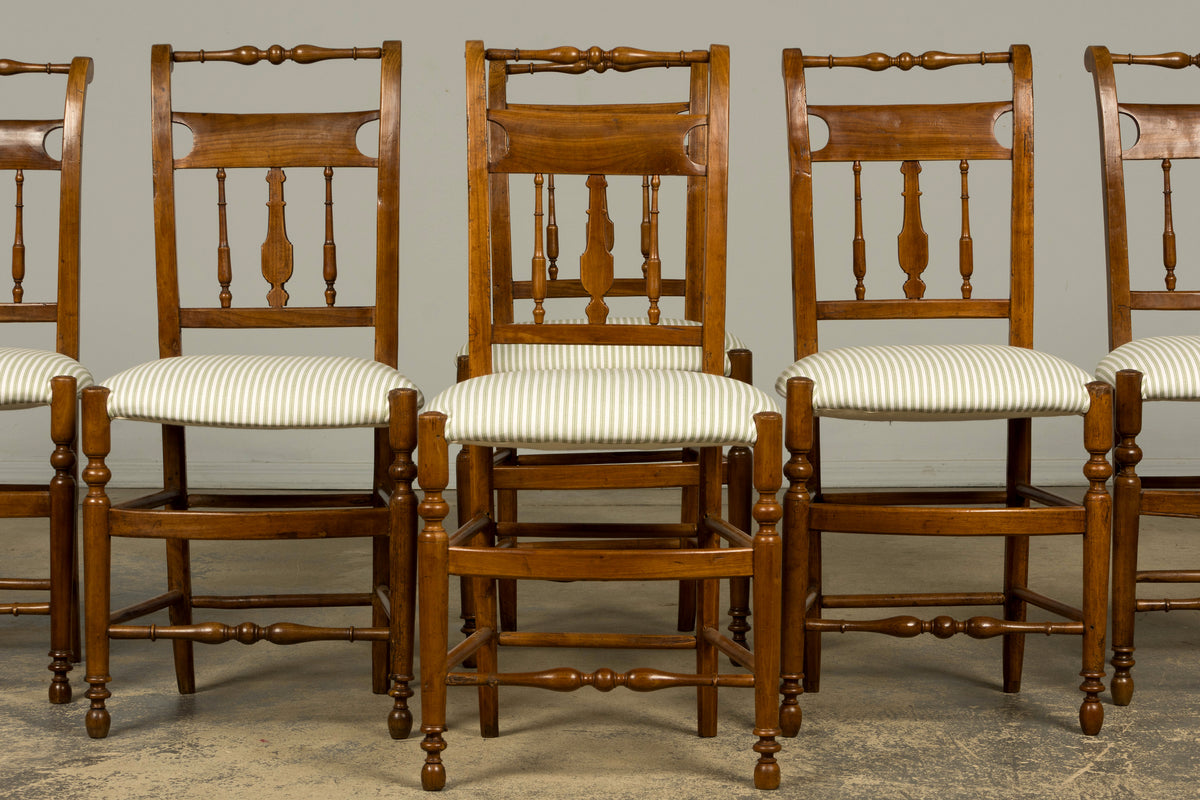 Set of 10 Late 19th Century French Provincial Walnut Dining Chairs in Green Ticking Stripe
