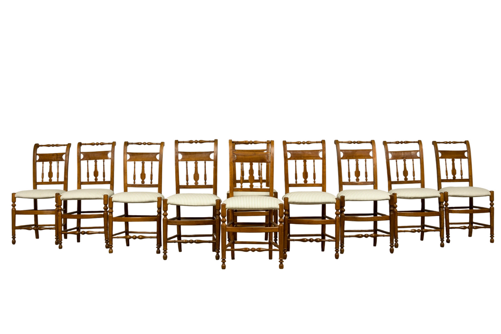 Set of 10 Late 19th Century French Provincial Walnut Dining Chairs in Green Ticking Stripe