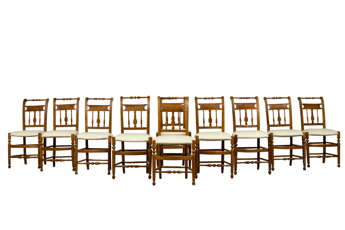 Set of 10 Late 19th Century French Provincial Walnut Dining Chairs in Green Ticking Stripe