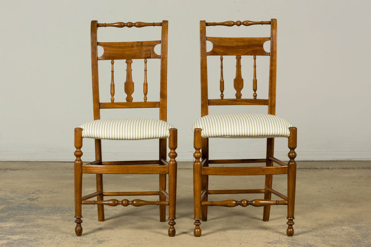 Set of 10 Late 19th Century French Provincial Walnut Dining Chairs in Green Ticking Stripe