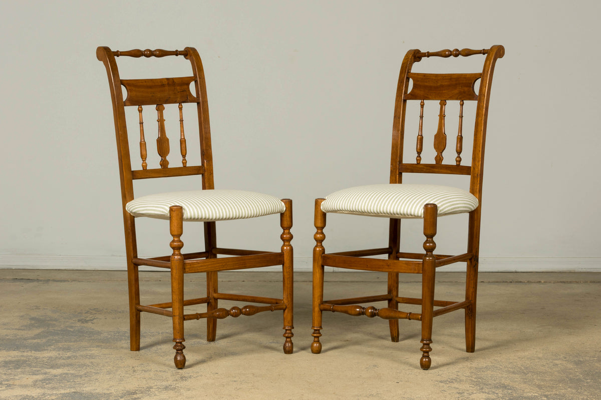 Set of 10 Late 19th Century French Provincial Walnut Dining Chairs in Green Ticking Stripe