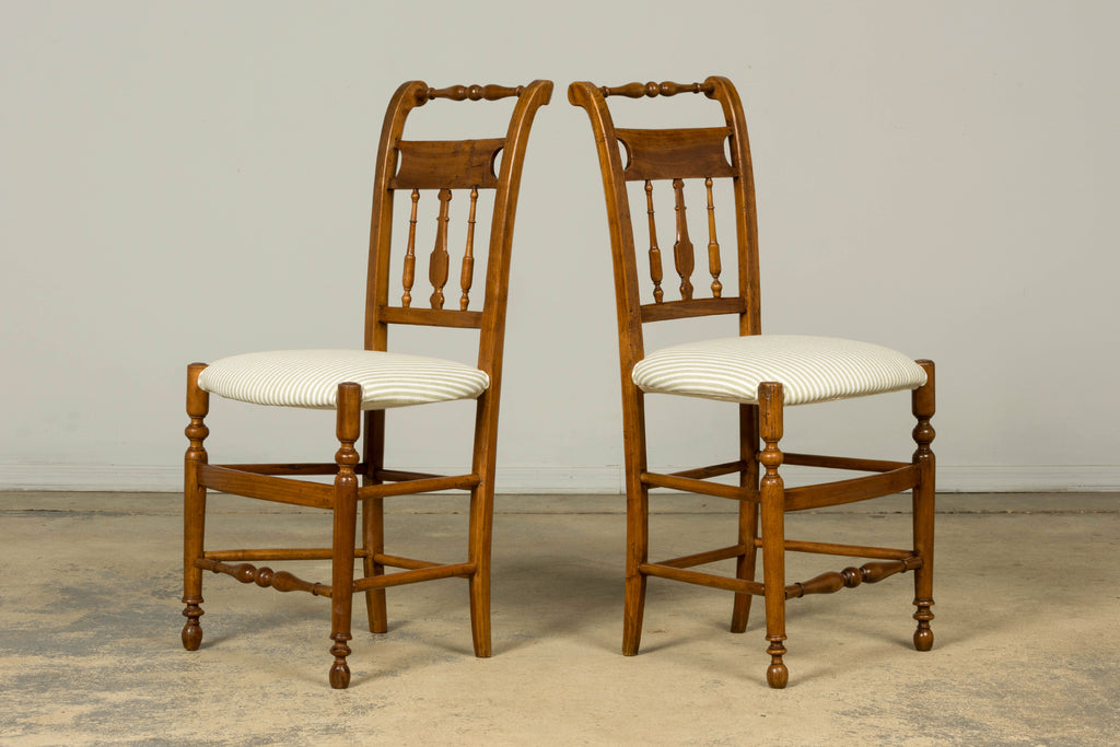 Set of 10 Late 19th Century French Provincial Walnut Dining Chairs in Green Ticking Stripe