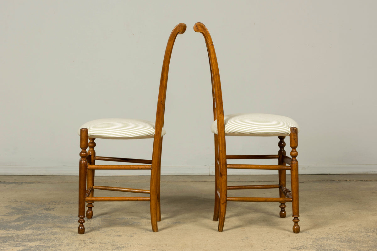 Set of 10 Late 19th Century French Provincial Walnut Dining Chairs in Green Ticking Stripe