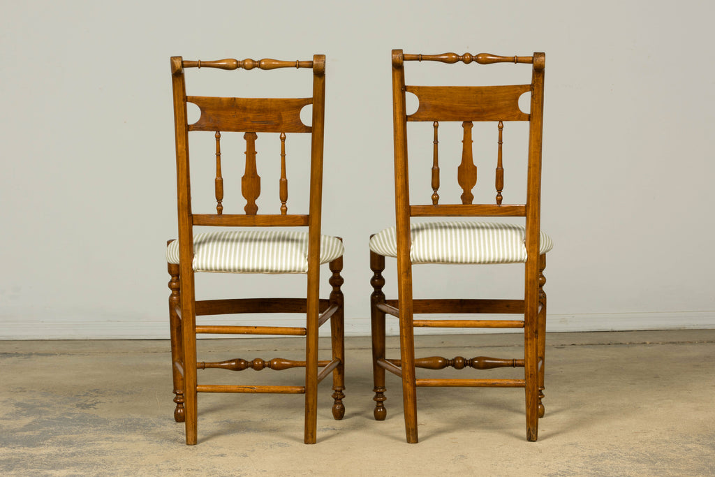 Set of 10 Late 19th Century French Provincial Walnut Dining Chairs in Green Ticking Stripe