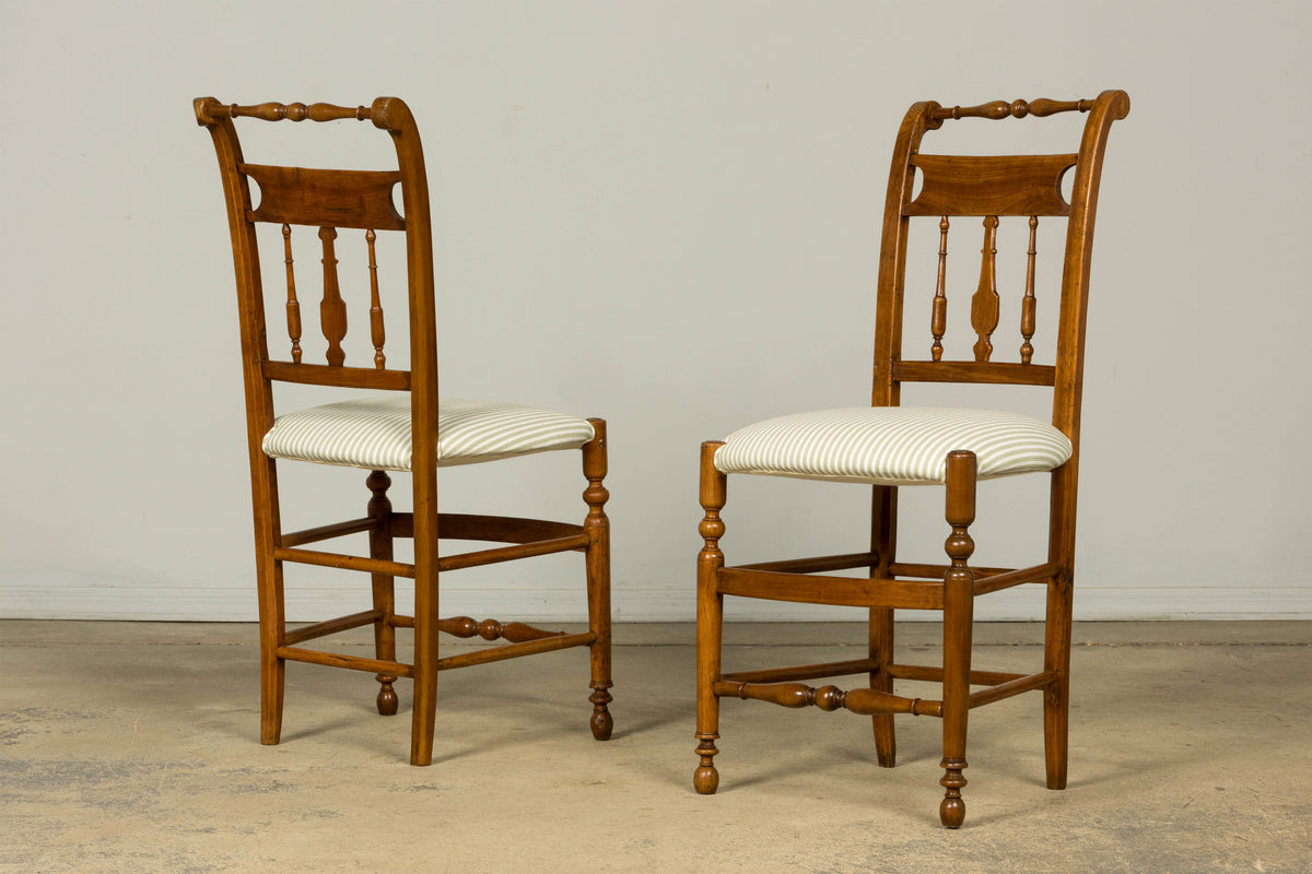 Set of 10 Late 19th Century French Provincial Walnut Dining Chairs in Green Ticking Stripe