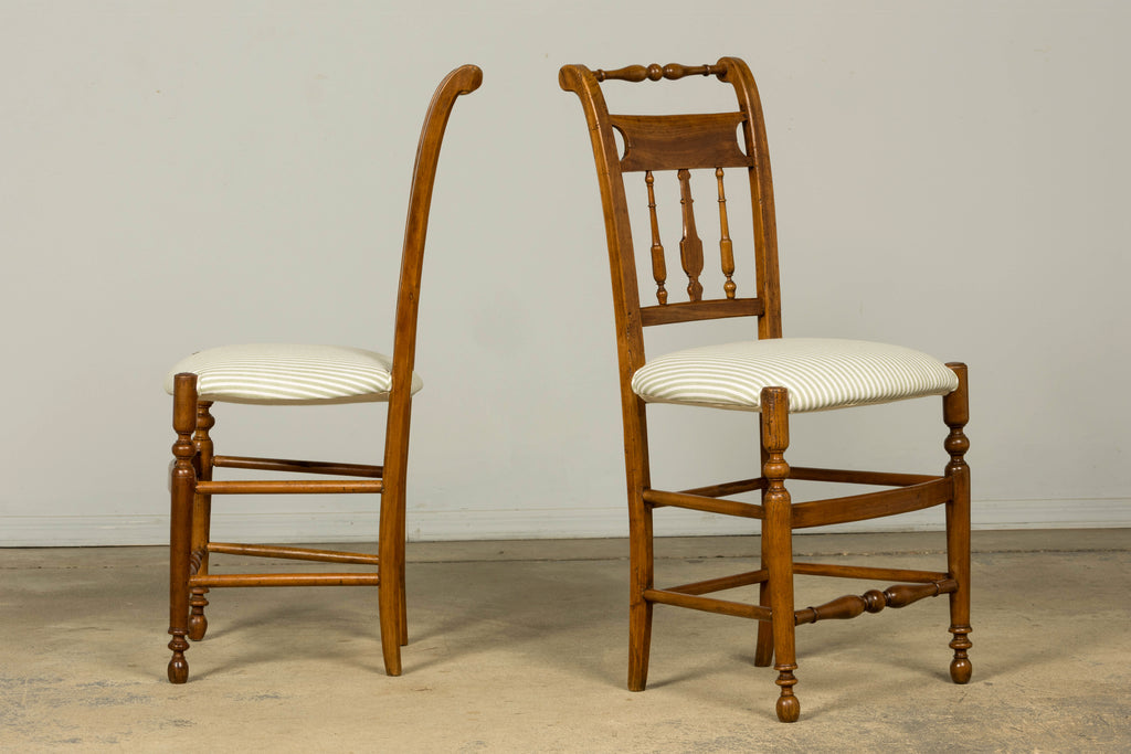 Set of 10 Late 19th Century French Provincial Walnut Dining Chairs in Green Ticking Stripe