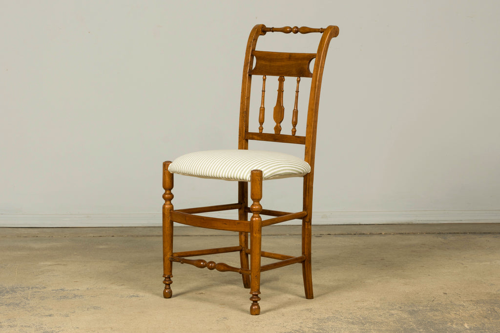 Set of 10 Late 19th Century French Provincial Walnut Dining Chairs in Green Ticking Stripe