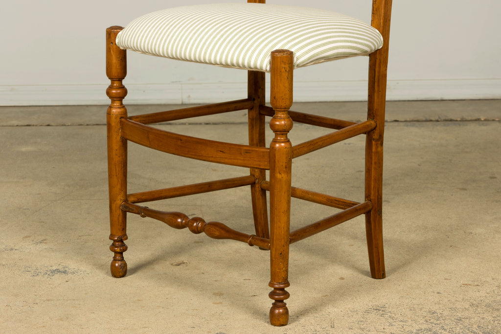Set of 10 Late 19th Century French Provincial Walnut Dining Chairs in Green Ticking Stripe