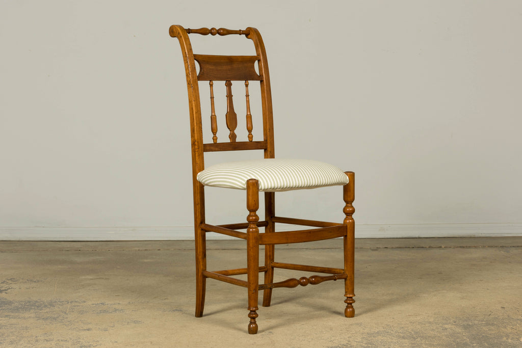 Set of 10 Late 19th Century French Provincial Walnut Dining Chairs in Green Ticking Stripe