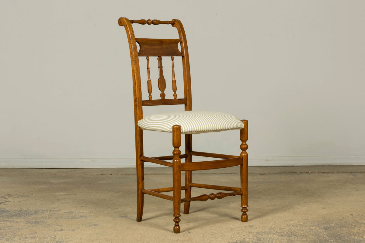 Set of 10 Late 19th Century French Provincial Walnut Dining Chairs in Green Ticking Stripe