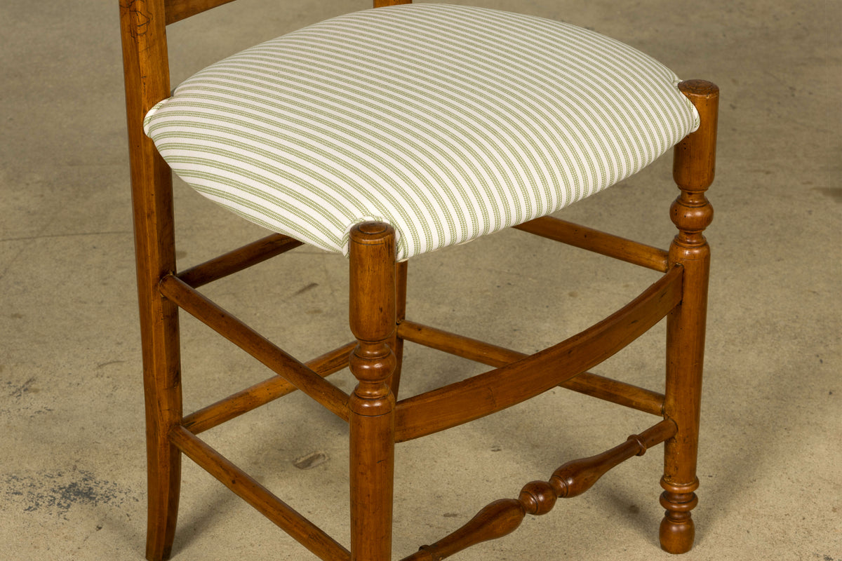 Set of 10 Late 19th Century French Provincial Walnut Dining Chairs in Green Ticking Stripe