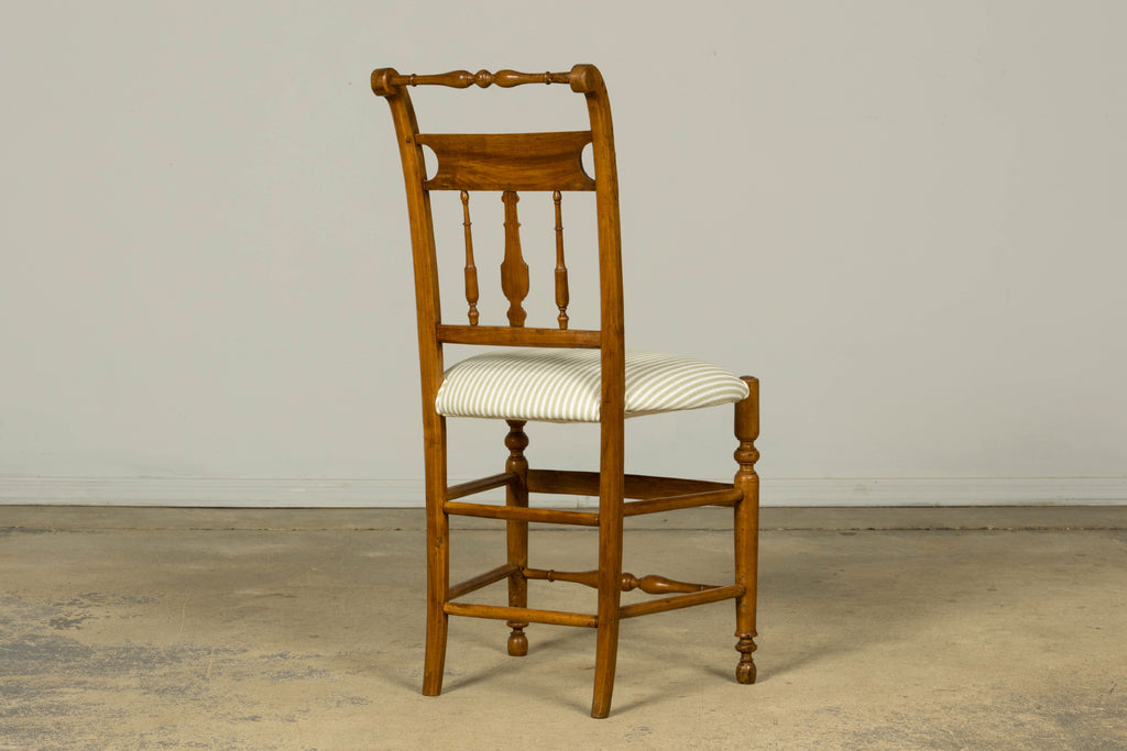 Set of 10 Late 19th Century French Provincial Walnut Dining Chairs in Green Ticking Stripe