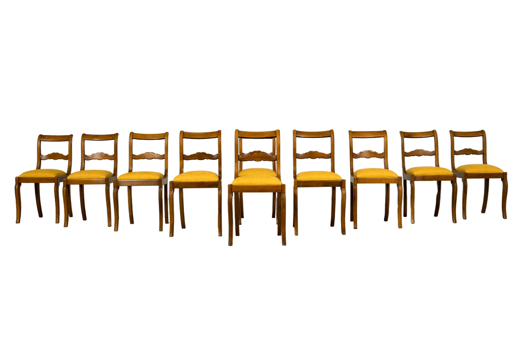 Set of 10 Mid-19th C. French Louis Philippe Walnut Dining Chairs in Yellow Linen
