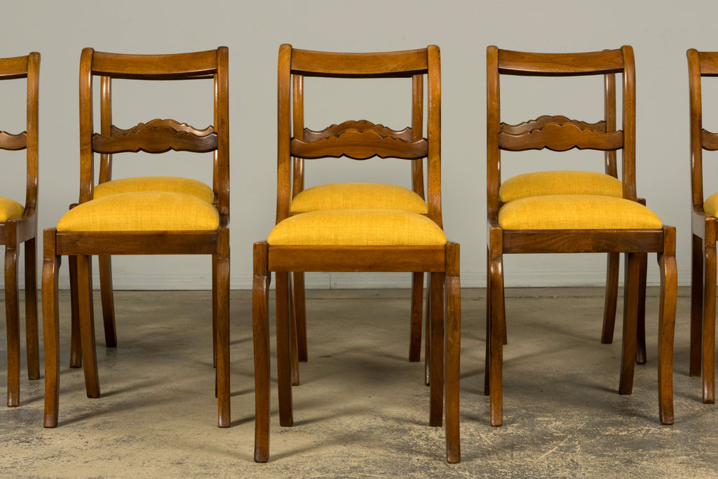 Set of 10 Mid-19th C. French Louis Philippe Walnut Dining Chairs in Yellow Linen