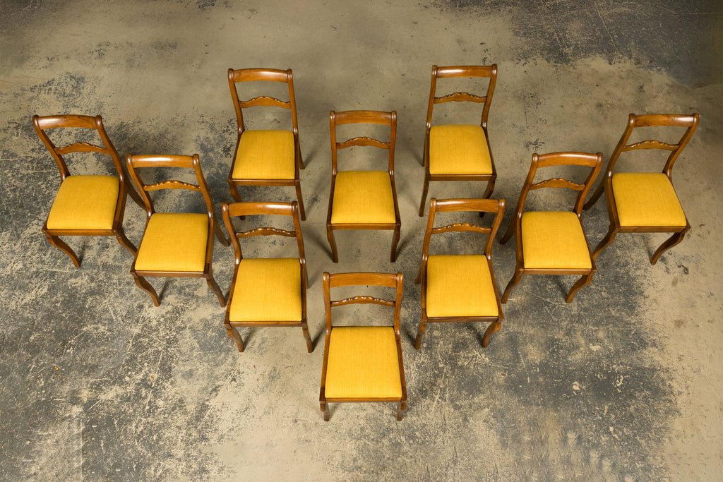 Set of 10 Mid-19th C. French Louis Philippe Walnut Dining Chairs in Yellow Linen