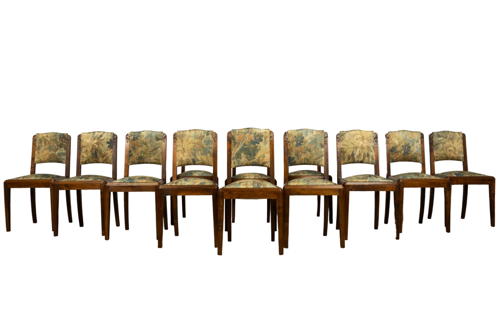 Set of 12 French Art Deco Walnut Dining Chairs with Botanical Upholstery, 1930s